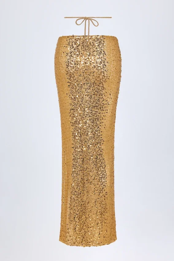Abaco Embellished Hardware-Detail Strappy Maxi Skirt in Gold Abaco Embellished Hardware-Detail Strappy Maxi Skirt in Gold