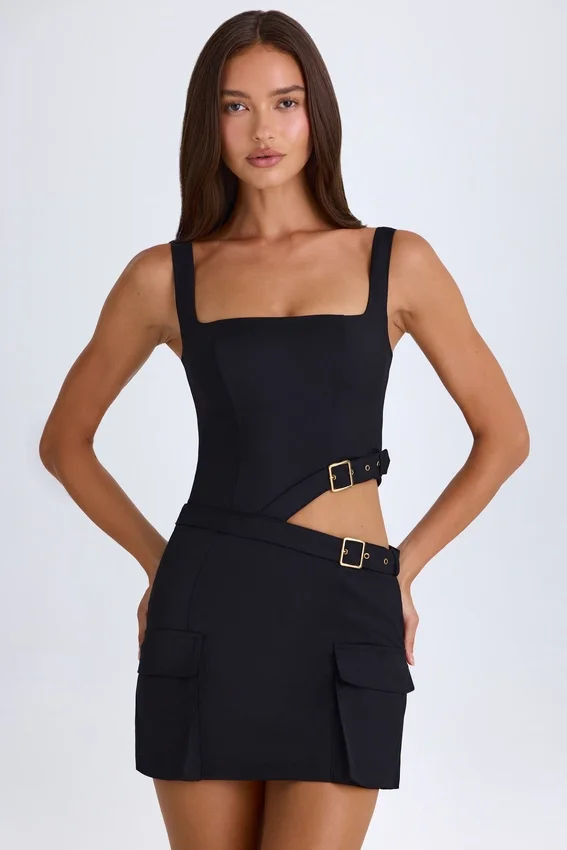 Acadia Belted Cut-Out Mini Dress in Black Acadia Belted Cut-Out Mini Dress in Black