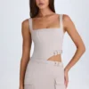 Acadia Belted Cut-Out Mini Dress in Taupe Acadia Belted Cut-Out Mini Dress in Taupe