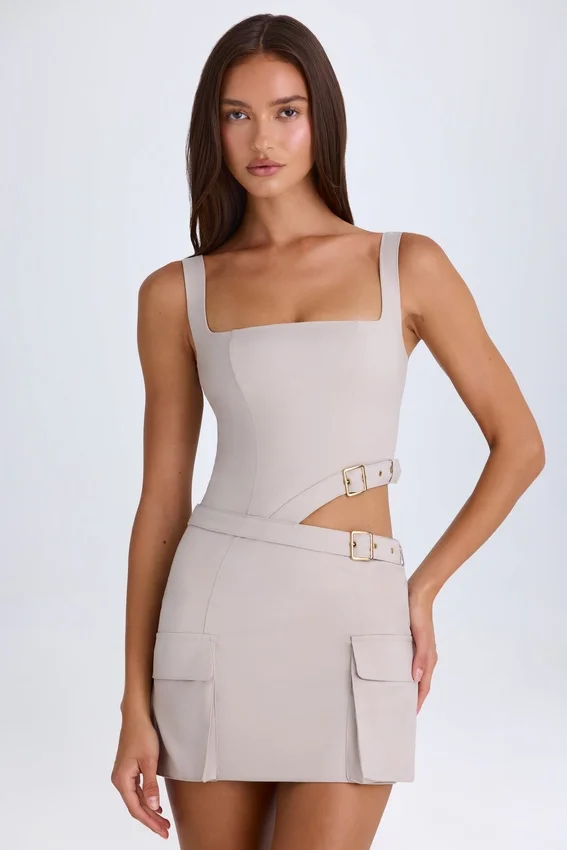 Acadia Belted Cut-Out Mini Dress in Taupe Acadia Belted Cut-Out Mini Dress in Taupe