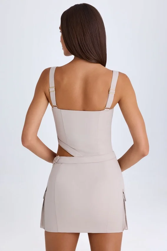 Acadia Belted Cut-Out Mini Dress in Taupe Acadia Belted Cut-Out Mini Dress in Taupe