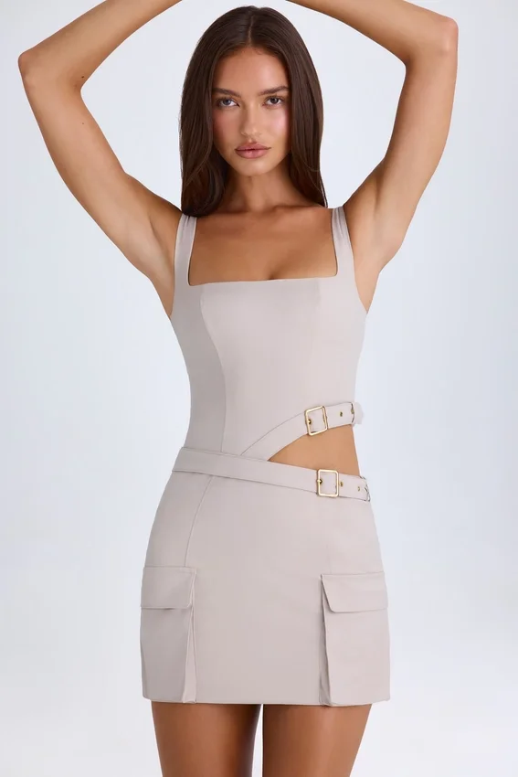 Acadia Belted Cut-Out Mini Dress in Taupe Acadia Belted Cut-Out Mini Dress in Taupe