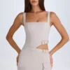 Acadia Belted Cut-Out Mini Dress in Taupe Acadia Belted Cut-Out Mini Dress in Taupe