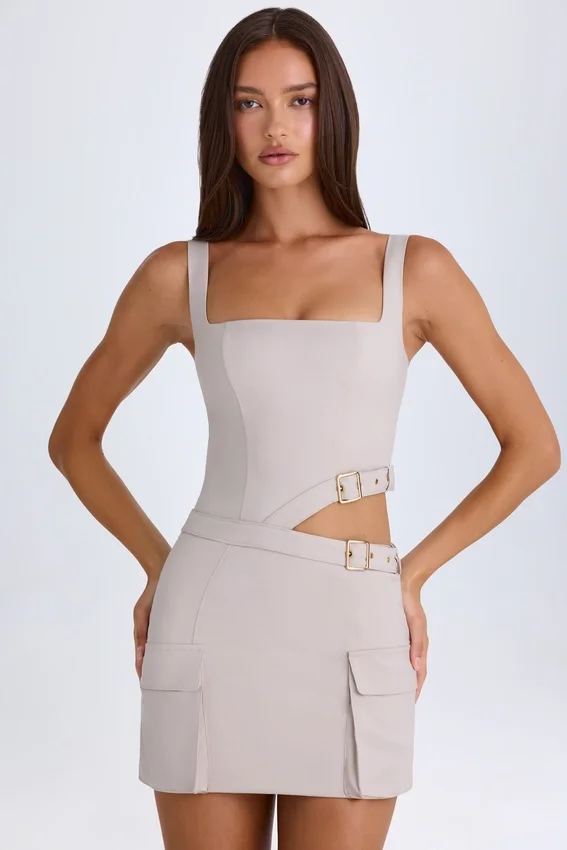 Acadia Belted Cut-Out Mini Dress in Taupe Acadia Belted Cut-Out Mini Dress in Taupe
