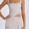 Acadia Belted Cut-Out Mini Dress in Taupe Acadia Belted Cut-Out Mini Dress in Taupe