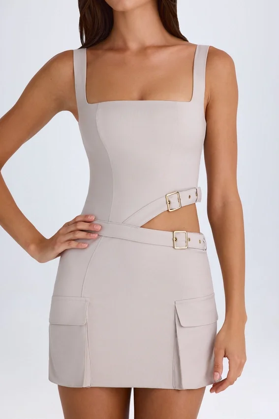 Acadia Belted Cut-Out Mini Dress in Taupe Acadia Belted Cut-Out Mini Dress in Taupe