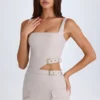 Acadia Belted Cut-Out Mini Dress in Taupe Acadia Belted Cut-Out Mini Dress in Taupe