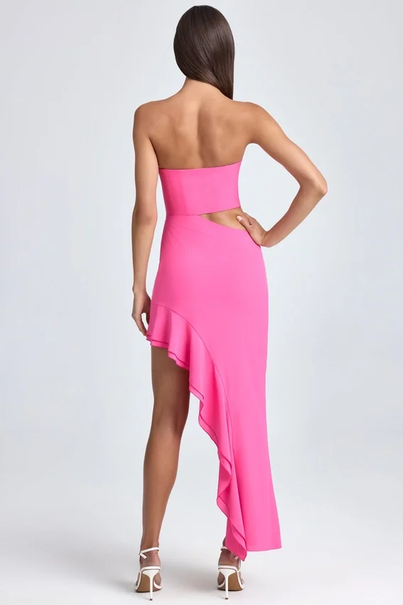 Acelynn Bandeau Cut-Out Ruffle-Trim Maxi Dress in Lollipop Pink Acelynn Bandeau Cut-Out Ruffle-Trim Maxi Dress in Lollipop Pink