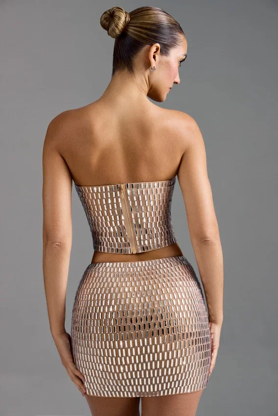 Adaia Embellished Low-Rise Micro Mini Skirt in Almond Adaia Embellished Low-Rise Micro Mini Skirt in Almond