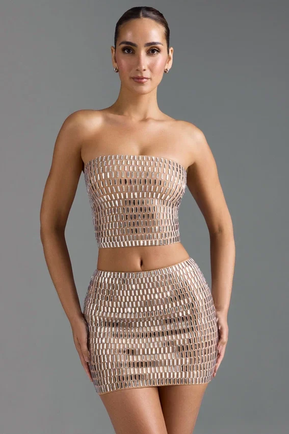 Adaia Embellished Low-Rise Micro Mini Skirt in Almond Adaia Embellished Low-Rise Micro Mini Skirt in Almond