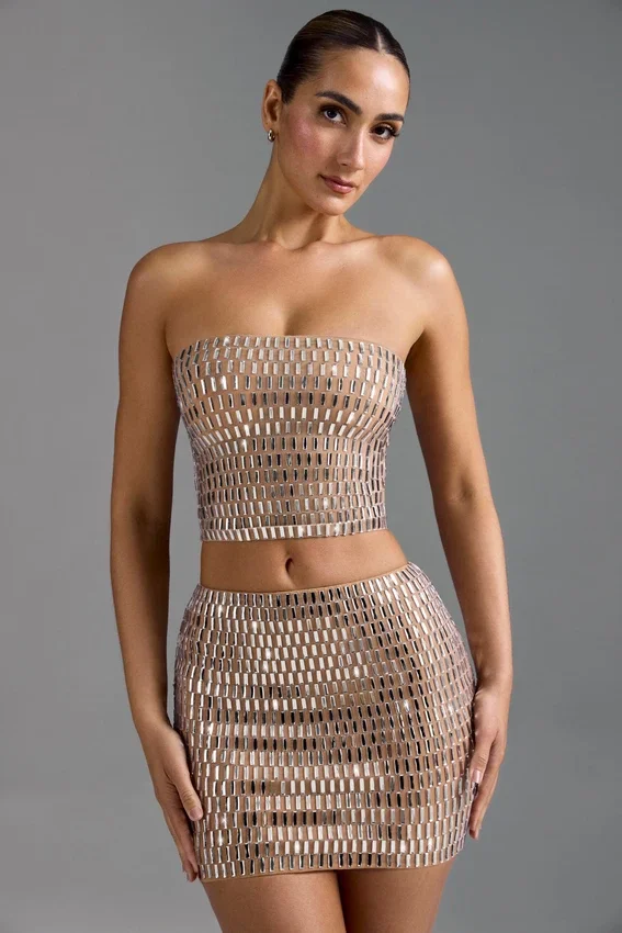 Adaia Embellished Low-Rise Micro Mini Skirt in Almond Adaia Embellished Low-Rise Micro Mini Skirt in Almond