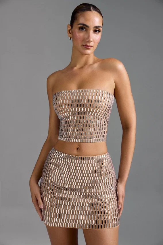 Adaia Embellished Low-Rise Micro Mini Skirt in Almond Adaia Embellished Low-Rise Micro Mini Skirt in Almond