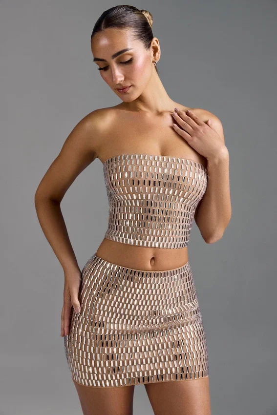 Adaia Embellished Low-Rise Micro Mini Skirt in Almond Adaia Embellished Low-Rise Micro Mini Skirt in Almond