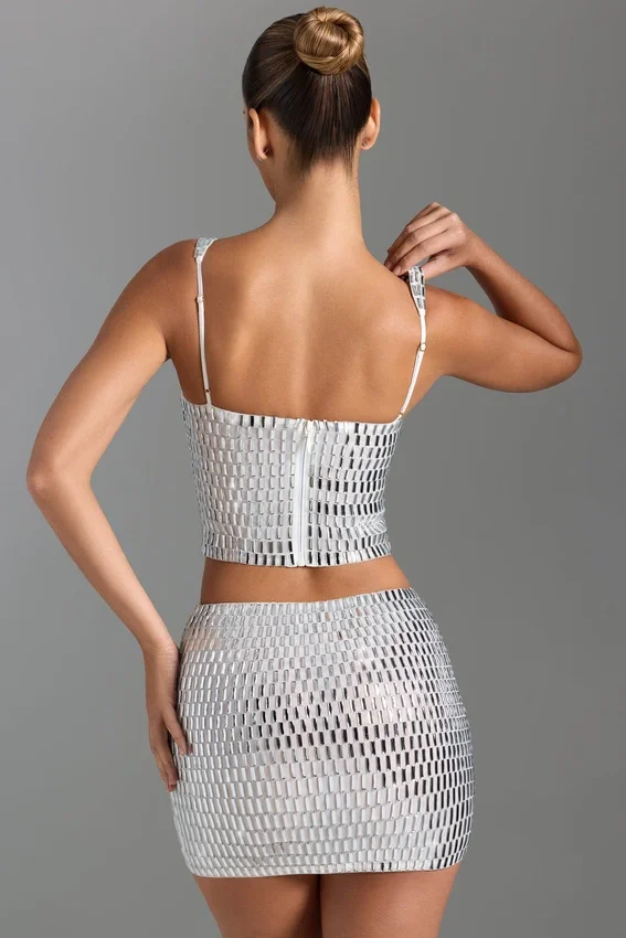 Adaia Embellished Low-Rise Micro Mini Skirt in White Adaia Embellished Low-Rise Micro Mini Skirt in White