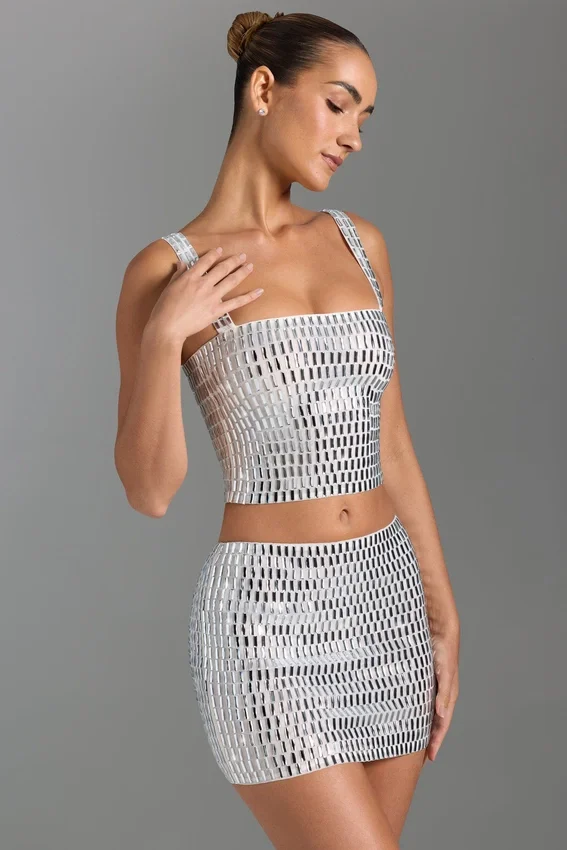 Adaia Embellished Low-Rise Micro Mini Skirt in White Adaia Embellished Low-Rise Micro Mini Skirt in White