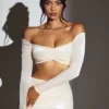 Adele Velvet Off-Shoulder Ruched Crop Top in Ivory Adele Velvet Off-Shoulder Ruched Crop Top in Ivory