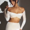 Adele Velvet Off-Shoulder Ruched Crop Top in Ivory Adele Velvet Off-Shoulder Ruched Crop Top in Ivory