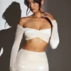Adele Velvet Off-Shoulder Ruched Crop Top in Ivory Adele Velvet Off-Shoulder Ruched Crop Top in Ivory