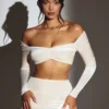 Adele Velvet Off-Shoulder Ruched Crop Top in Ivory Adele Velvet Off-Shoulder Ruched Crop Top in Ivory