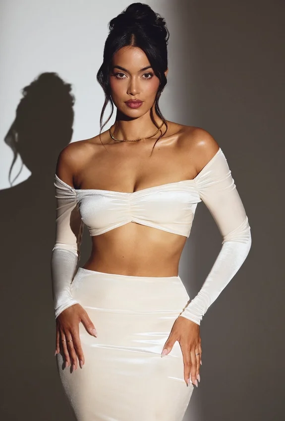 Adele Velvet Off-Shoulder Ruched Crop Top in Ivory Adele Velvet Off-Shoulder Ruched Crop Top in Ivory