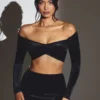 Adele Velvet Off-Shoulder Ruched Crop Top in Jet Black Adele Velvet Off-Shoulder Ruched Crop Top in Jet Black