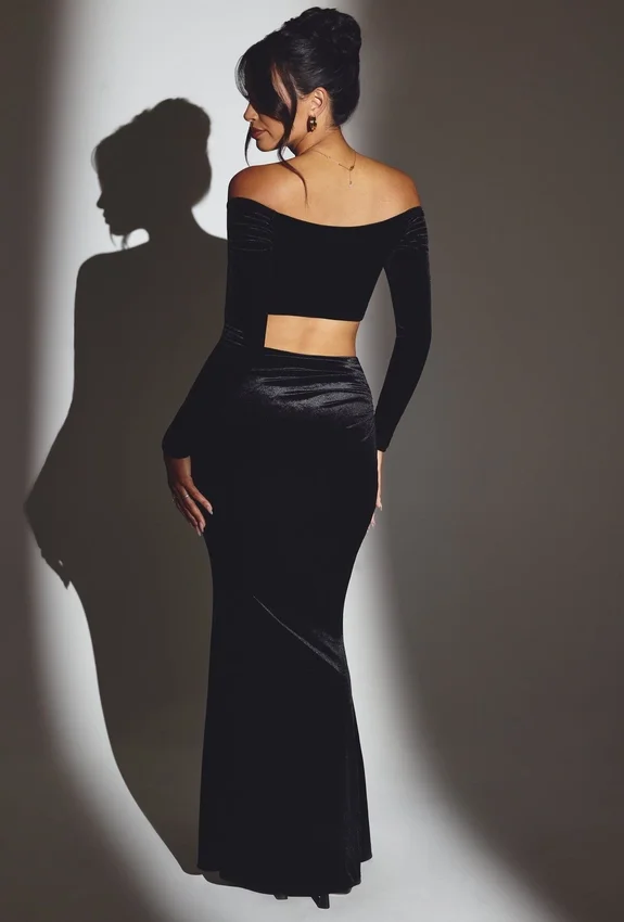 Adele Velvet Off-Shoulder Ruched Crop Top in Jet Black Adele Velvet Off-Shoulder Ruched Crop Top in Jet Black