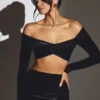 Adele Velvet Off-Shoulder Ruched Crop Top in Jet Black Adele Velvet Off-Shoulder Ruched Crop Top in Jet Black