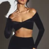 Adele Velvet Off-Shoulder Ruched Crop Top in Jet Black Adele Velvet Off-Shoulder Ruched Crop Top in Jet Black