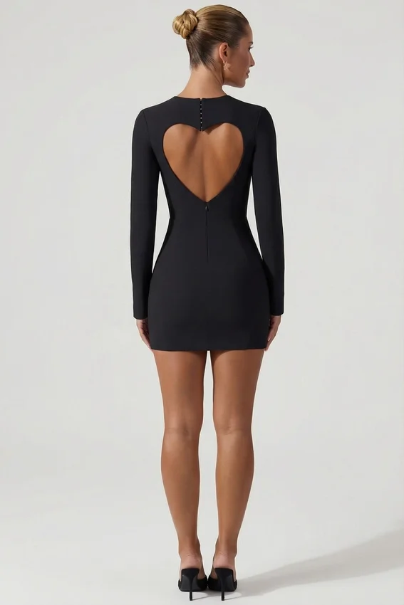 Adelia Cut-Out Heart-Detail Bodycon Mini Dress in Black Adelia Cut-Out Heart-Detail Bodycon Mini Dress in Black
