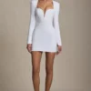 Adelia Cut-Out Heart-Detail Bodycon Mini Dress in White Adelia Cut-Out Heart-Detail Bodycon Mini Dress in White