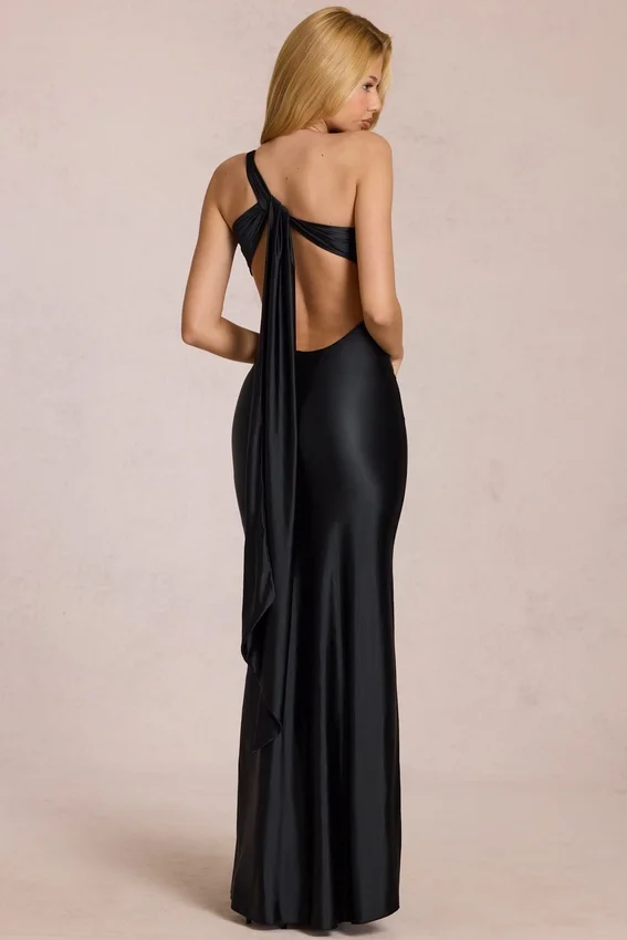 Adelina Asymmetric Tie-Back Gown in Black Adelina Asymmetric Tie-Back Gown in Black