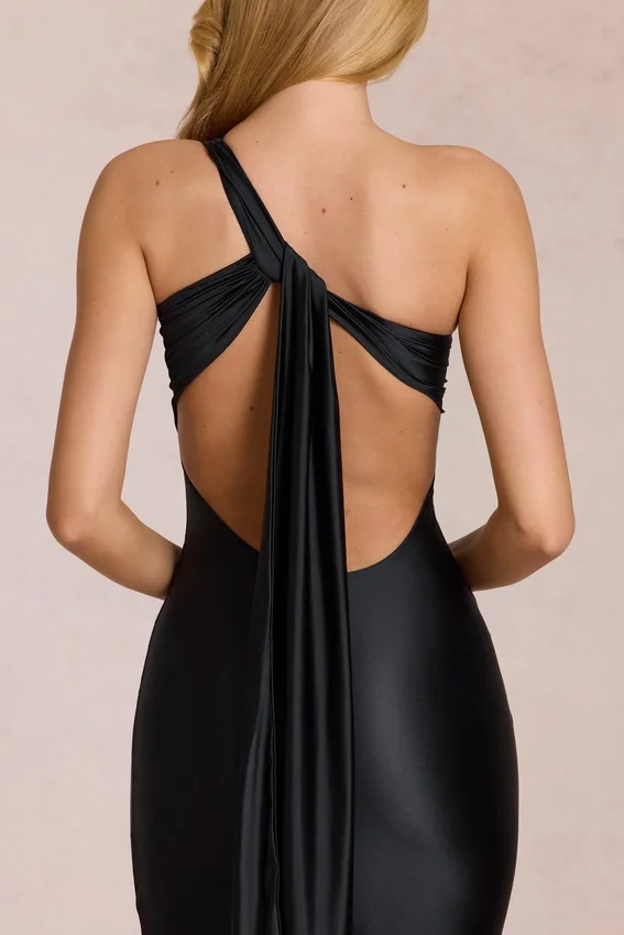 Adelina Asymmetric Tie-Back Gown in Black Adelina Asymmetric Tie-Back Gown in Black