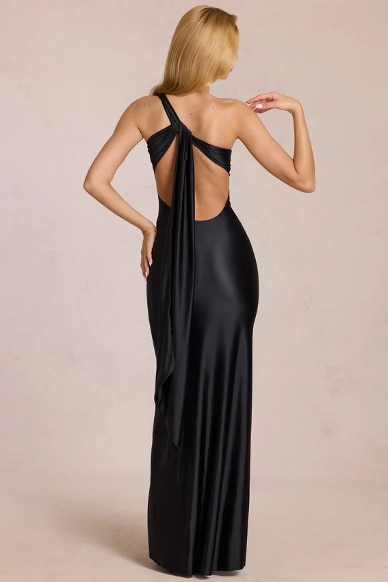 Adelina Asymmetric Tie-Back Gown in Black Adelina Asymmetric Tie-Back Gown in Black