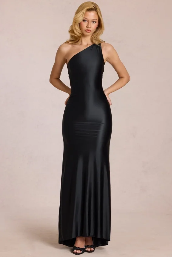 Adelina Asymmetric Tie-Back Gown in Black Adelina Asymmetric Tie-Back Gown in Black