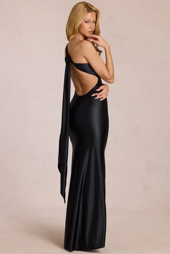 Adelina Asymmetric Tie-Back Gown in Black Adelina Asymmetric Tie-Back Gown in Black