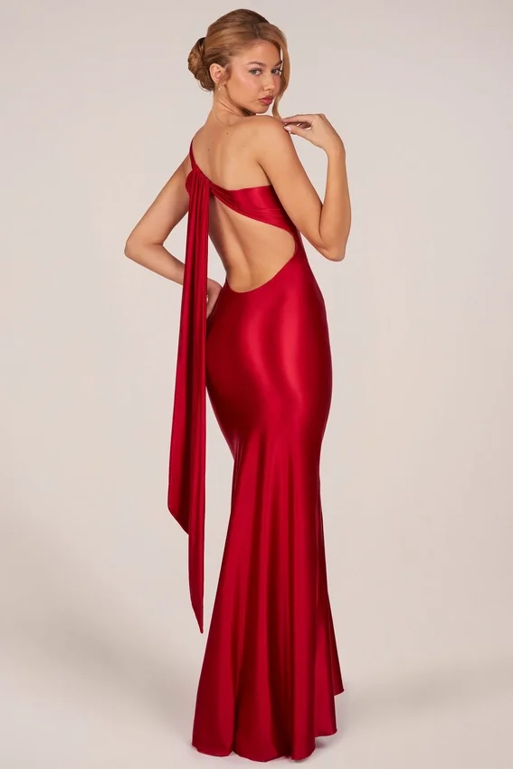 Adelina Asymmetric Tie-Back Gown in Rose Red Adelina Asymmetric Tie-Back Gown in Rose Red
