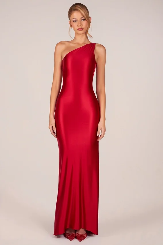 Adelina Asymmetric Tie-Back Gown in Rose Red Adelina Asymmetric Tie-Back Gown in Rose Red