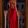Adelina Asymmetric Tie-Back Gown in Rose Red Adelina Asymmetric Tie-Back Gown in Rose Red