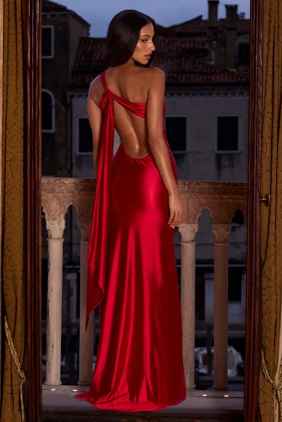 Adelina Asymmetric Tie-Back Gown in Rose Red Adelina Asymmetric Tie-Back Gown in Rose Red
