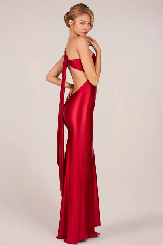 Adelina Asymmetric Tie-Back Gown in Rose Red Adelina Asymmetric Tie-Back Gown in Rose Red