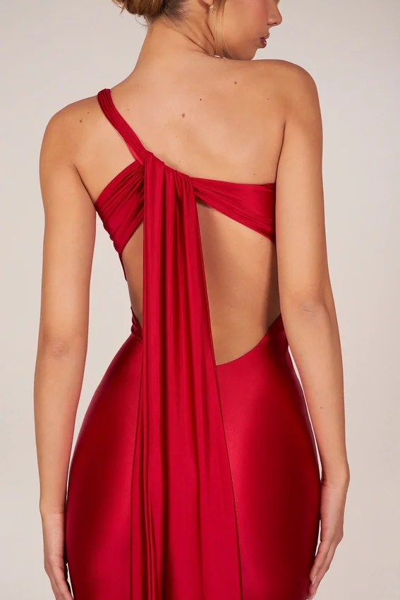 Adelina Asymmetric Tie-Back Gown in Rose Red Adelina Asymmetric Tie-Back Gown in Rose Red