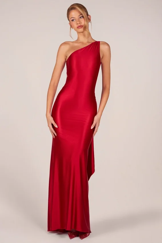 Adelina Asymmetric Tie-Back Gown in Rose Red Adelina Asymmetric Tie-Back Gown in Rose Red