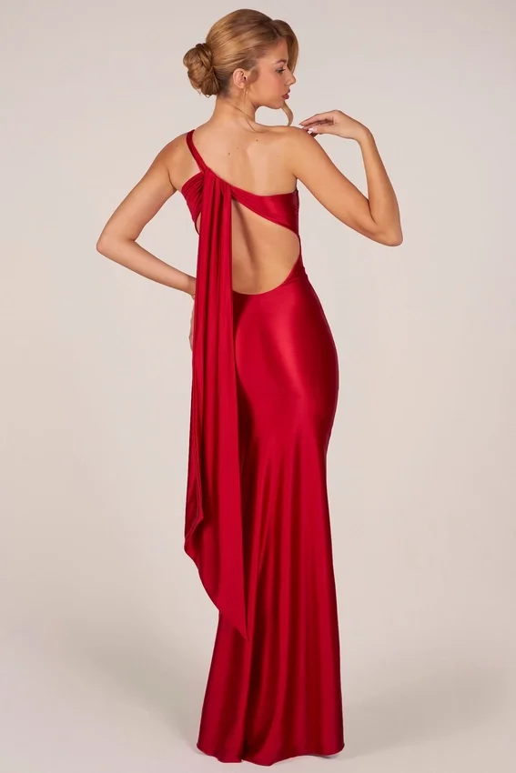 Adelina Asymmetric Tie-Back Gown in Rose Red Adelina Asymmetric Tie-Back Gown in Rose Red