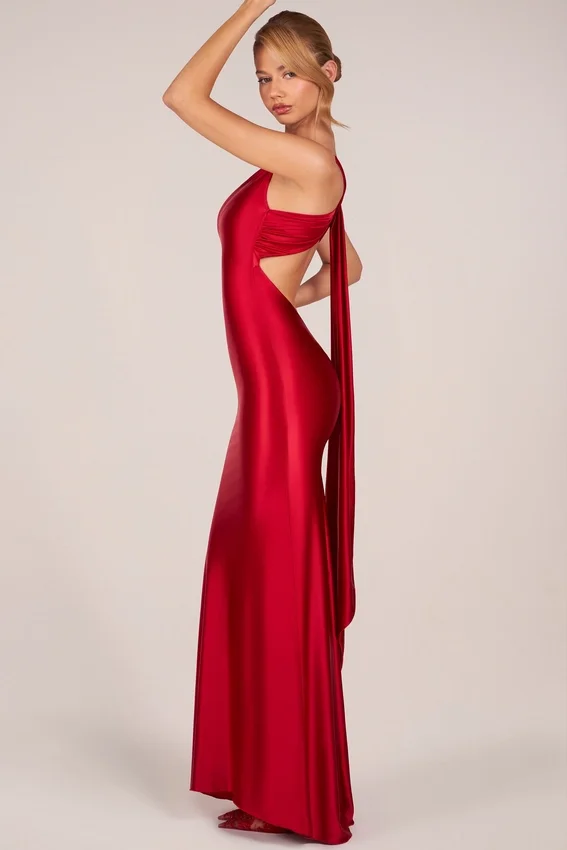 Adelina Asymmetric Tie-Back Gown in Rose Red Adelina Asymmetric Tie-Back Gown in Rose Red