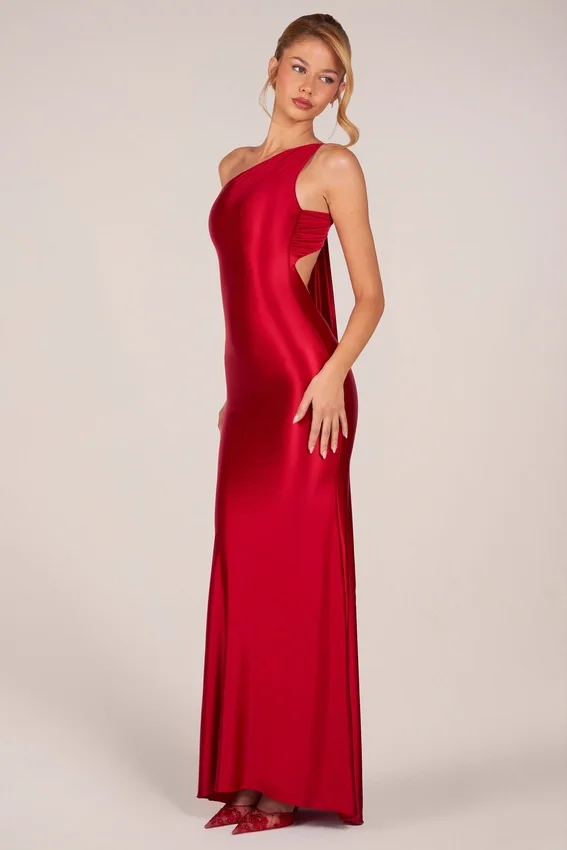 Adelina Asymmetric Tie-Back Gown in Rose Red Adelina Asymmetric Tie-Back Gown in Rose Red
