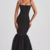 Adelpha Tulle Hem Fishtail Gown in Black Adelpha Tulle Hem Fishtail Gown in Black