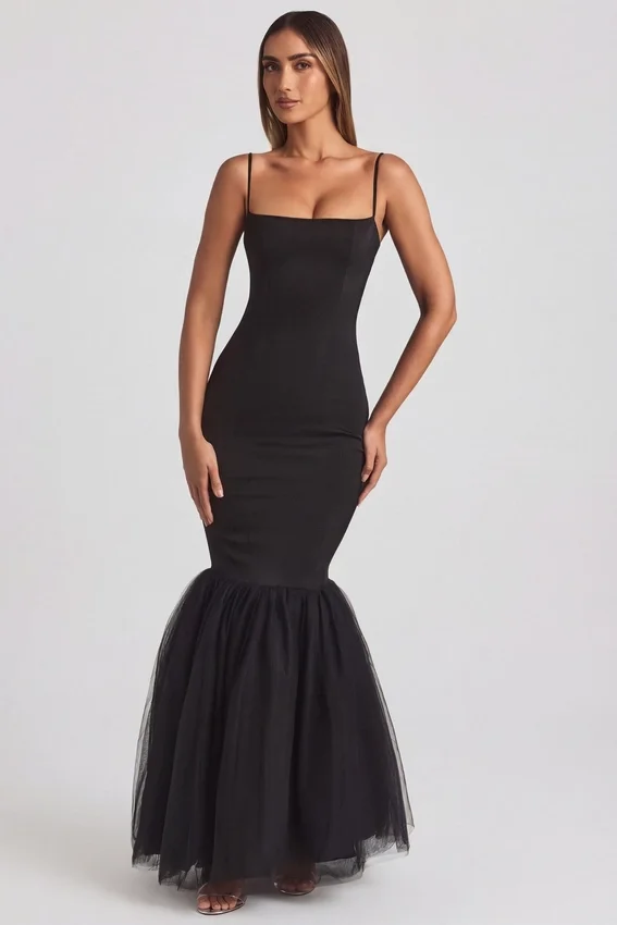 Adelpha Tulle Hem Fishtail Gown in Black Adelpha Tulle Hem Fishtail Gown in Black