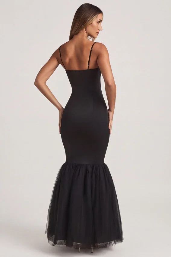 Adelpha Tulle Hem Fishtail Gown in Black Adelpha Tulle Hem Fishtail Gown in Black