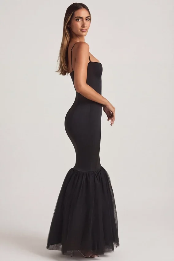 Adelpha Tulle Hem Fishtail Gown in Black Adelpha Tulle Hem Fishtail Gown in Black