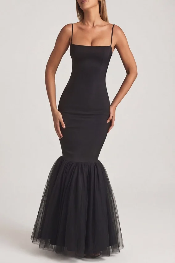 Adelpha Tulle Hem Fishtail Gown in Black Adelpha Tulle Hem Fishtail Gown in Black